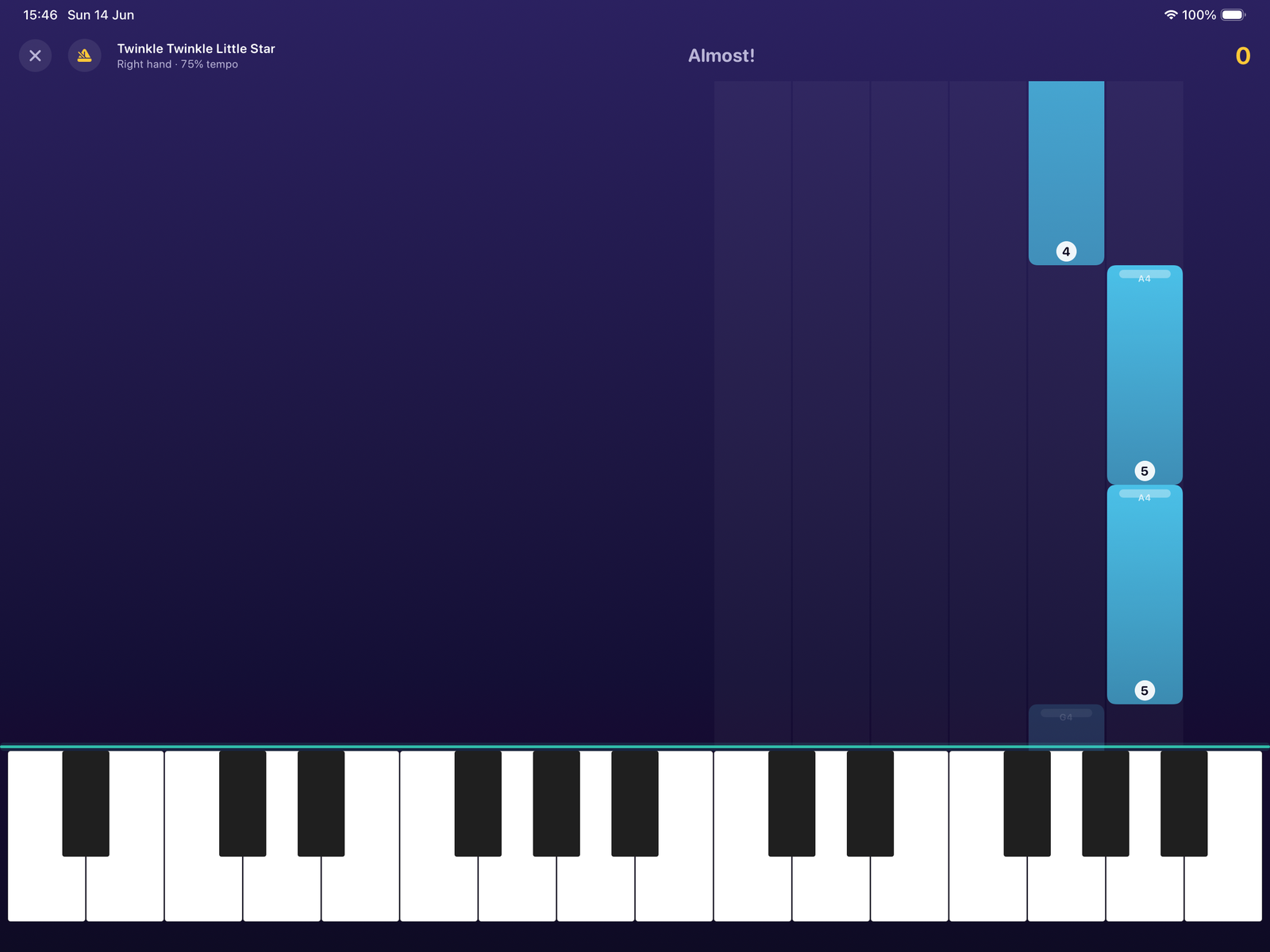 Crescendo gameplay: colored note gems with finger numbers falling down the highway toward a piano keyboard, with an “Almost!” judgement at the top.