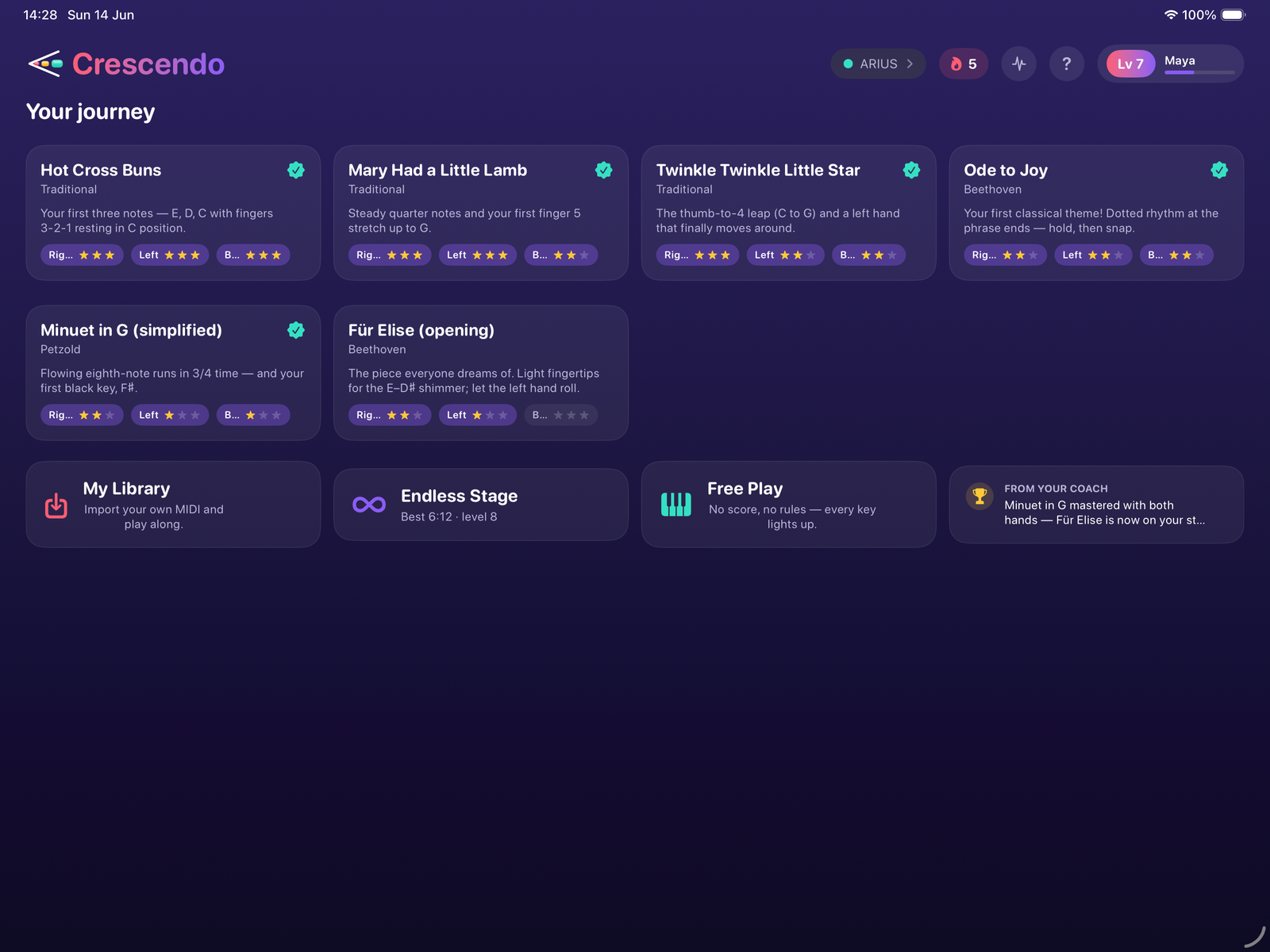 The Your Journey home screen: a grid of songs to learn, a connected ARIUS piano, and tiles for My Library, Endless Stage, Free Play, and the coach.