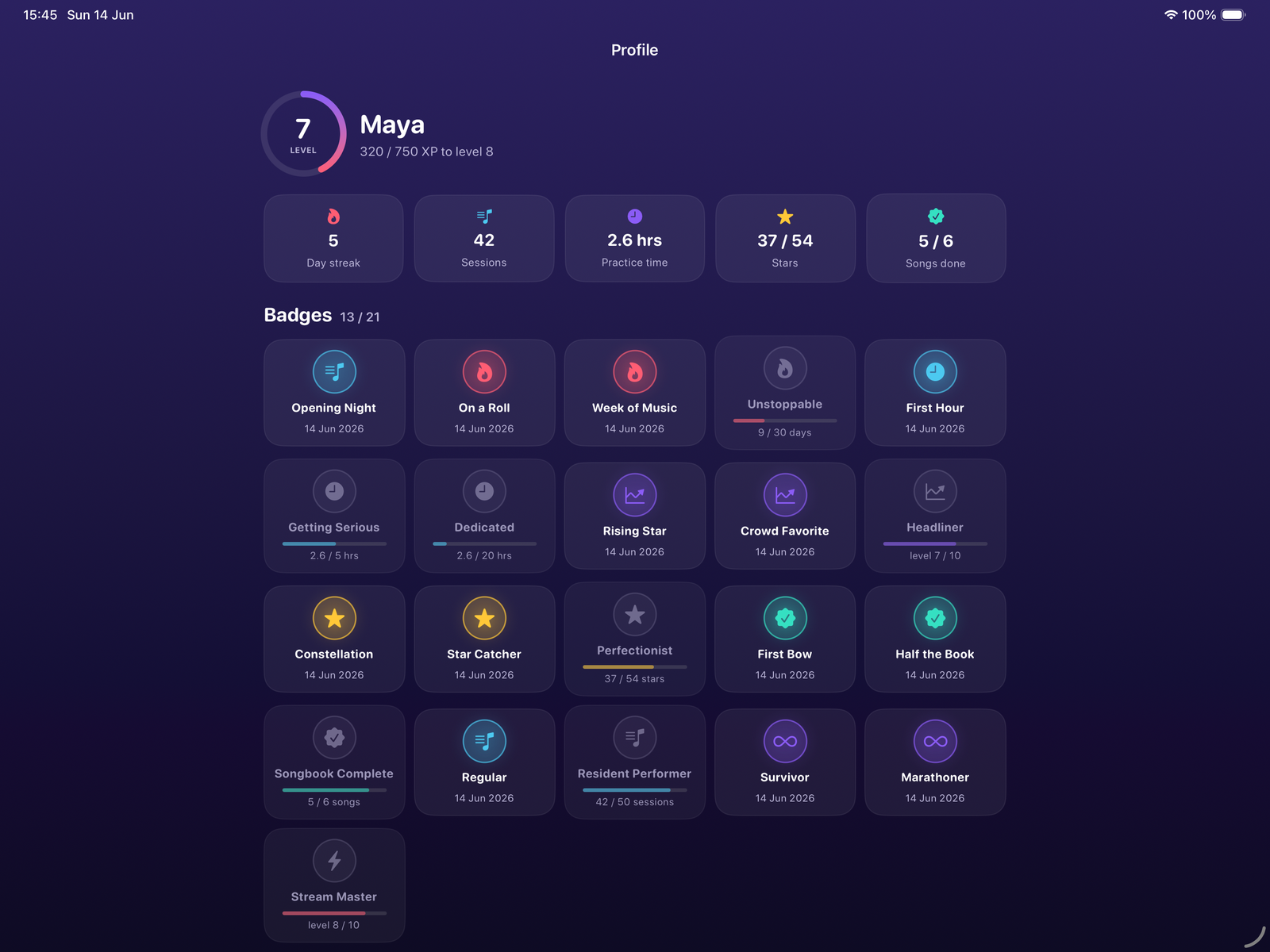 A player profile showing level 7, a day streak, sessions, practice time, stars, songs done, and a wall of achievement badges.