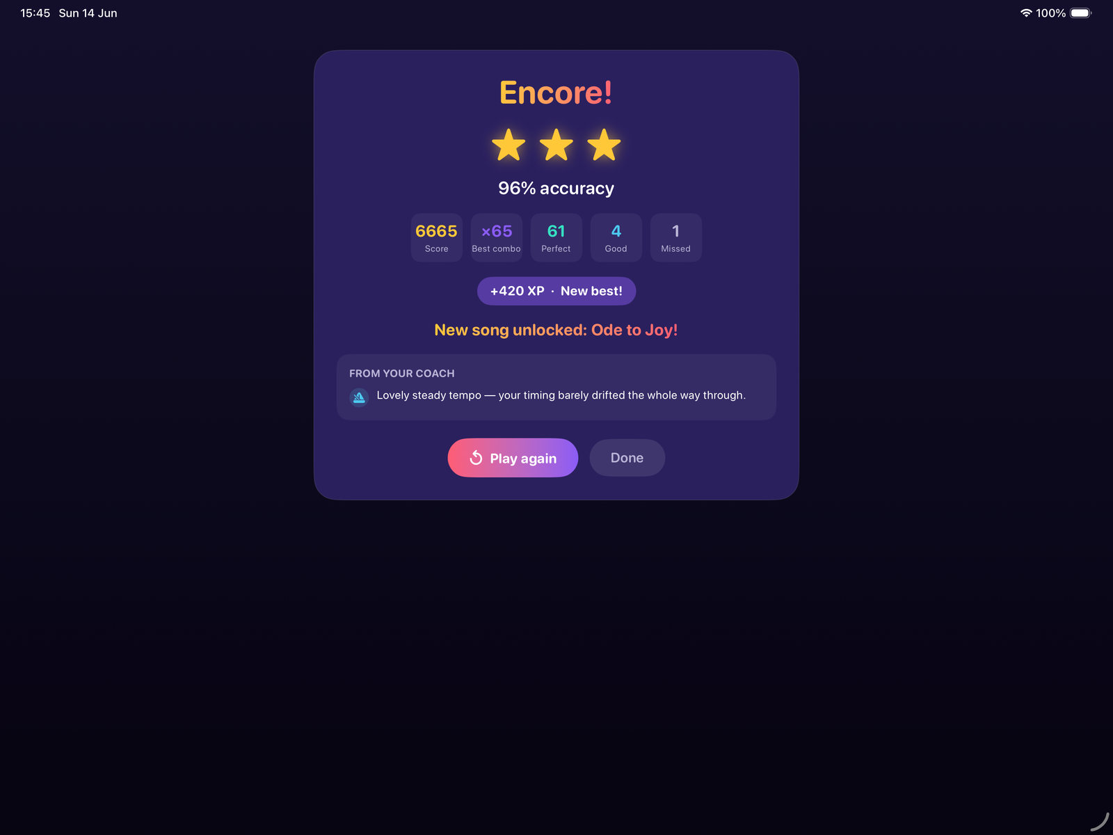 An “Encore!” results screen showing three stars, 96% accuracy, score and combo stats, a +420 XP new best, a coach note, and “New song unlocked: Ode to Joy.”